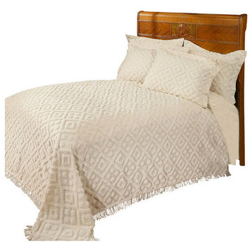 Diamond Tufted Chenille Bedspread and Pillow Sham Set, Ivory, King