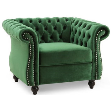 Emerald Green Chesterfield Velvet Club Chair with Tufted Back and Nailhead Trim