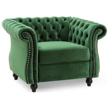 Chesterfield Armchair, Velvet Tufted Back and Rolled Arms With Nailhead, Emerald