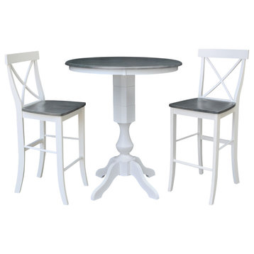 36" Round Pedestal Gathering Height Table With X-Back Counter Height Stools