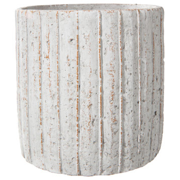 Cement Pot Embossed Vertical Line Pattern Distressed Beige Finish, Large
