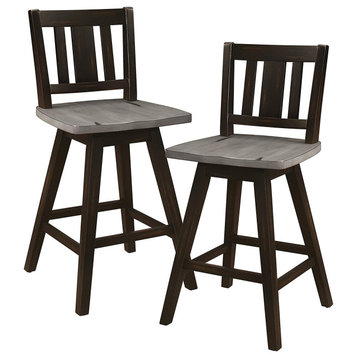 Set of 2 Counter Stool, Swiveling Wooden Seat With Slatted Backrest, Black/Gray