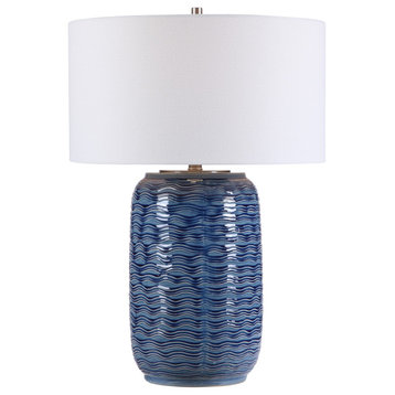 Elegant Coastal Waves Table Lamp Blue White Ceramic Wavy Large