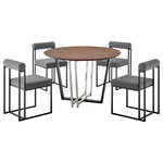 Armen Living - Joana Anastasia Matte Black Iron and Gray Fabric Walnut Dining Table 5pc Set - Make a modern and sophisticated statement with our Joana Anastasia 5 Piece Dining Set by Armen Living. This set includes 1 Joana Round Walnut Dining Table with a mixed metal base and 4 Anastasia Dining Chairs in Fabric and Metal. The crisp lines and a compelling blend of materials and finishes bring eye-catching charm and elegance to this dining set. The round tabletop features a classic walnut veneer to showcase the rich finish and natural textures of the wood. The 48" round tabletop rests upon a clean-line, geometric base to offer a sleek and modern design. Our dining table can serve as a stunning companion to the striking and stylish Anastasia dining chairs. A cylindrical cushion is beautifully balanced upon its airy frame to offer comfortable back support. Its cushioned backrest and padded seat showcase a neat channeling detail that provides texture for a chic and inviting look. The Anastasia chair is upholstered in performance fabric to offer easy care and maintenance. Altogether this dining set serves as a fashionable and versatile fit to your kitchen, dining, or living space. This dining set features high-quality materials and craftsmanship to create a sturdy foundation for dinners, conversations, and activities. The Joana Anastasia 5 Piece Round Walnut Dining Table Set is available in matching finishes and a variety of colors, or sold separately to achieve any look you desire.