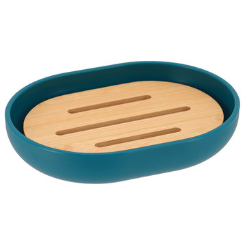 Blue PADANG Soap Dish Cup Dispenser with Bamboo Tray