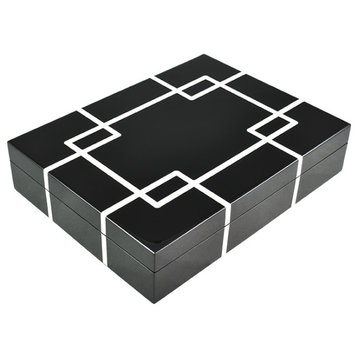 Lacquer Long Stationery Box, Black with White Interlock