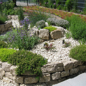 Naturnaher Stadtgarten mit Trockenmauern und Kalkschotterflächen