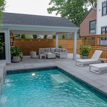 Modern Toronto Backyard | Custom Cabana, Pool, Outdoor Kitchen, Fire Pit & Deck