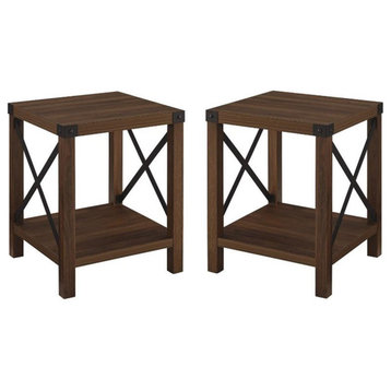 Home Square Metal X-Shaped Fram Rustic Wood End Table in Dark Walnut - Set of 2