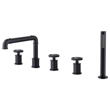 5-Hole Industrial Tub Faucet with Handheld Shower, Mattle Black
