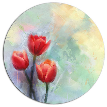Red Tulips On Light Blue Watercolor, Floral Round Wall Art, 23"