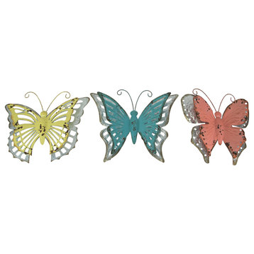 Set of 3 Distressed Finish Metal Butterfly Wall Hangings Galvanized Zinc Accent