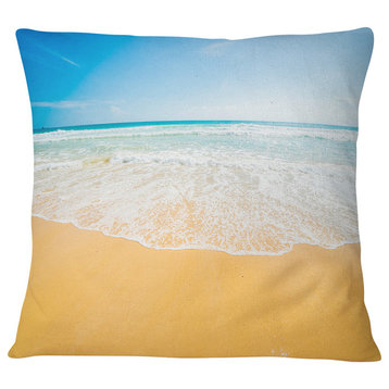 Long Waves on Sand under Blue Sky Seascape Throw Pillow, 18"x18"