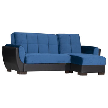 L-Shaped Sleeper Sofa, Curved Padded Arms, Turquoise Microfiber/Black Leatherette
