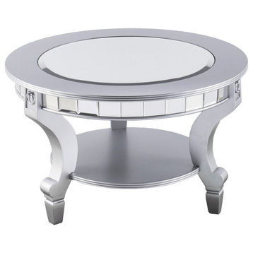 29" Silver Mirrored And Metal Round Mirrored Coffee Table