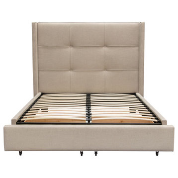 Queen Bed With Integrated Footboard Storage Unit, Accent Wings, Sand Fabric