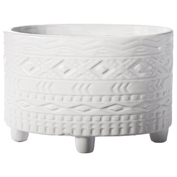Oval Ceramic Pot with Debossed Tribal Design on Tripod Stand Gloss White Finish