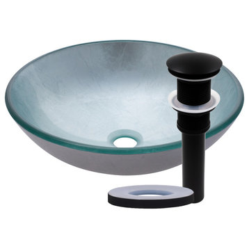 Argento Silver Foiled Round Tempered Glass Vessel Bath Sink and Drain, Matte Black