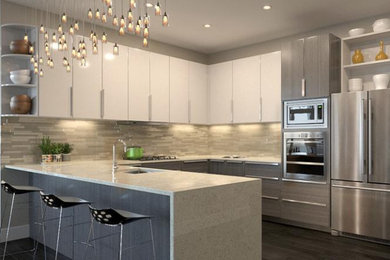 Open concept kitchen - mid-sized u-shaped laminate floor open concept kitchen idea in Chicago with an undermount sink, flat-panel cabinets, white cabinets, marble countertops, white backsplash, white appliances, an island and white countertops
