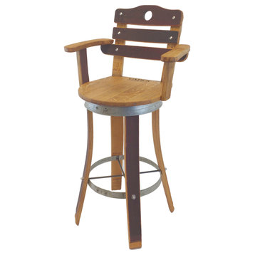 Swivel Top Wine Barrel Bar Stool With Stave Backrest, 24" Sit Height, Inverted L