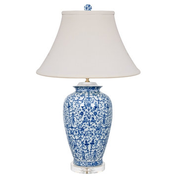 Blue and White Floral Porcelain Chinese Vase Clear Base Table Lamp 29"