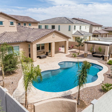 Tropical Pool Landscape with Travertine Deck, Custom Pergola in Mesa