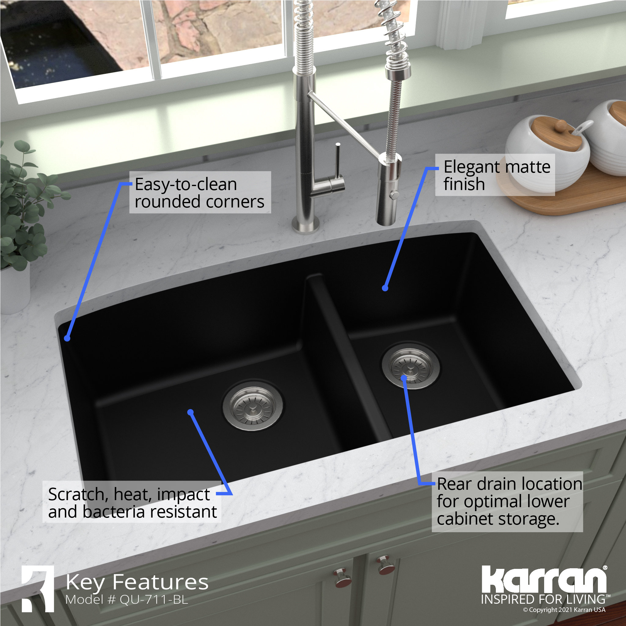 Karran Undermount Quartz 32" 60/40 Double Bowl Kitchen Sink, Black