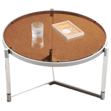 Modern Coffee Table, Chrome Metal Frame With Acrylic Support & Brown Glass Top