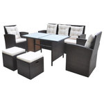 vidaXL - vidaXL Patio Furniture Set 6 Piece Outdoor Table and Chairs Poly Rattan Brown - Our rattan patio furniture set will be the focal point of your garden or patio! This 7-person rattan dining set with an elegant design will be a great choice for al fresco dining or lounging. The powder-coated steel frames make the table and sofas strong and sturdy, and thanks to their lightweight constructions, all items are easy to move. Thanks to the weather-resistant and waterproof PE rattan, the dining set is easy to clean. The thick, soft cushions and pillows with vertical fiber cotton filling are highly comfortable. The easy-to-clean polyester covers with concealed zippers can be removed and washed. Delivery includes 1 table with glass top, 1 three-seater sofa, 2 armchairs, 2 footrests, 7 seat cushions and 5 back pillows. Note 1): We recommend covering the set in the rain, snow and frost.Note 2): This item will be shipped flat packed. Assembly is required; all tools, hardware and instructions are included.