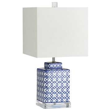 Vintage Style Blue White Fretwork Square Table Lamp Repeating Pattern 21 in