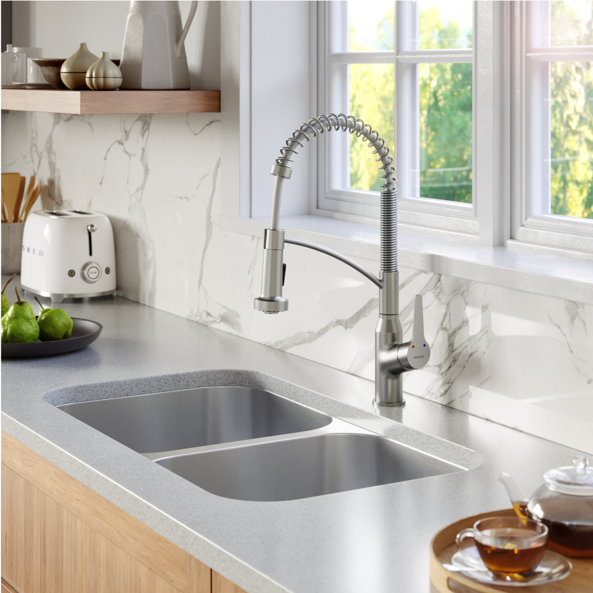 Karran 1-Handle Pull-Down Kitchen Faucet With Soap Dispenser, Stainless Steel