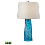 Elk Home - 27" Hammered Glass LED Table Lamp, Blue - Relaxed in tone and form, this piece of mouth blown hammered glass is hot sprayed in a striking blue. It is finished with a textured woven linen shade in crisp white.