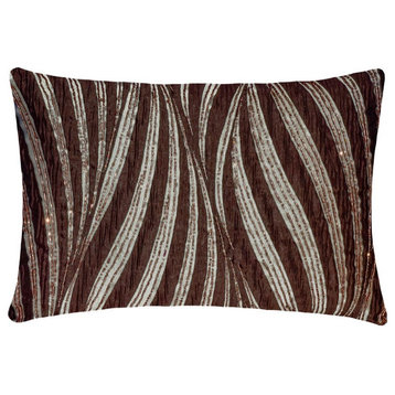Brown Silk 12"x26" Lumbar Pillow Cover Beaded - Brown Torrent