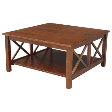 Farmhouse Coffee Table, Hardwood Legs With Open Comparments, Espresso