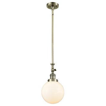 1-Light Beacon 8" Mini Pendant, Antique Brass, Glass: Matte White Cased