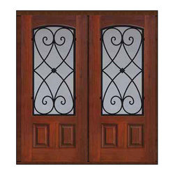 Prehung Double Door 80 Fiberglass Charleston Arch Lite Wrought Iron - Front Doors