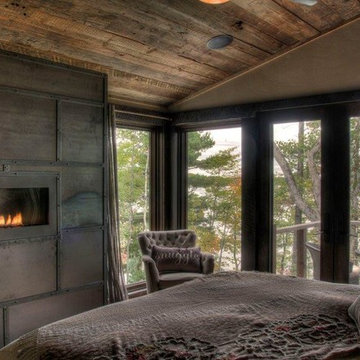 Weathered Antique Ceiling Paneling in an Industrial Lodge Bedroom