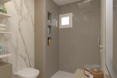 Foto de cuarto de baño único y a medida contemporáneo de tamaño medio con armarios tipo mueble, puertas de armario grises, baldosas y/o azulejos blancos, gres porcelanico y aseo y ducha