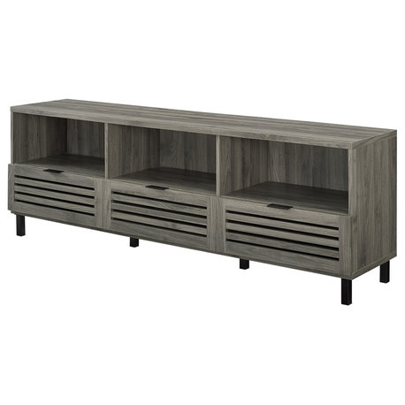 Modern 3-Drawer TV Stand, Slatted Doors and Drawers, Upper Shelf, Slate Gray