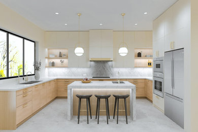 Example of a mid-sized minimalist u-shaped ceramic tile and white floor eat-in kitchen design in San Francisco with an undermount sink, flat-panel cabinets, medium tone wood cabinets, marble countertops, white backsplash, marble backsplash, stainless steel appliances, an island and white countertops