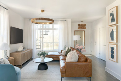 Inspiration for a transitional dark wood floor and brown floor living room remodel in Nashville with white walls and a wall-mounted tv
