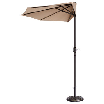 9' Half Round Patio Umbrella, Easy Crank Compact Semicircle Outdoor Canopy