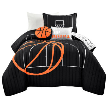 Basketball Game Quilt Set, Black/Orange, Twin, 4 Piece