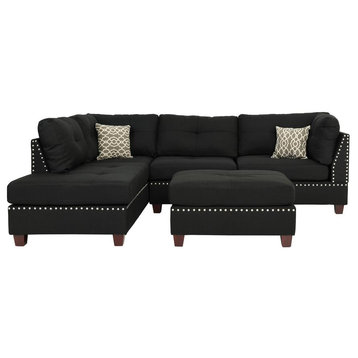 Poundex 3 Piece Fabric Sectional Set with Ottoman in Black, 104 W x 75 D x...