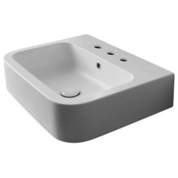 White Ceramic Vessel or Wall Mounted Bathroom Sink, Three Hole