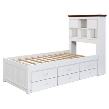 TATEUS Solid Pine Bookcase Bed and 3 Under Bed Drawers in Casual,Twin, Twin
