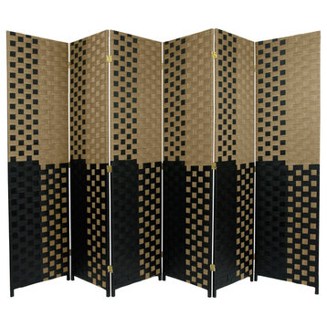 6' Tall Woven Fiber Room Divider, Olive/Black, 6 Panel