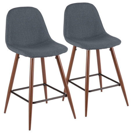 Pebble Mid-Century Modern Counter Stool, Walnut/Blue, Set of 2