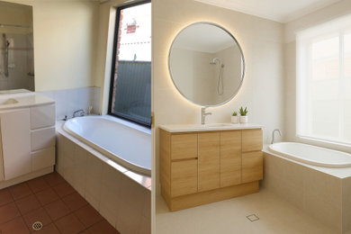 Contemporary bathroom in Adelaide with beige cabinets and a freestanding vanity.