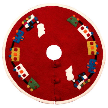 Mini Christmas Tree Skirt, Train on Red, in Hand Felted Wool, 26"